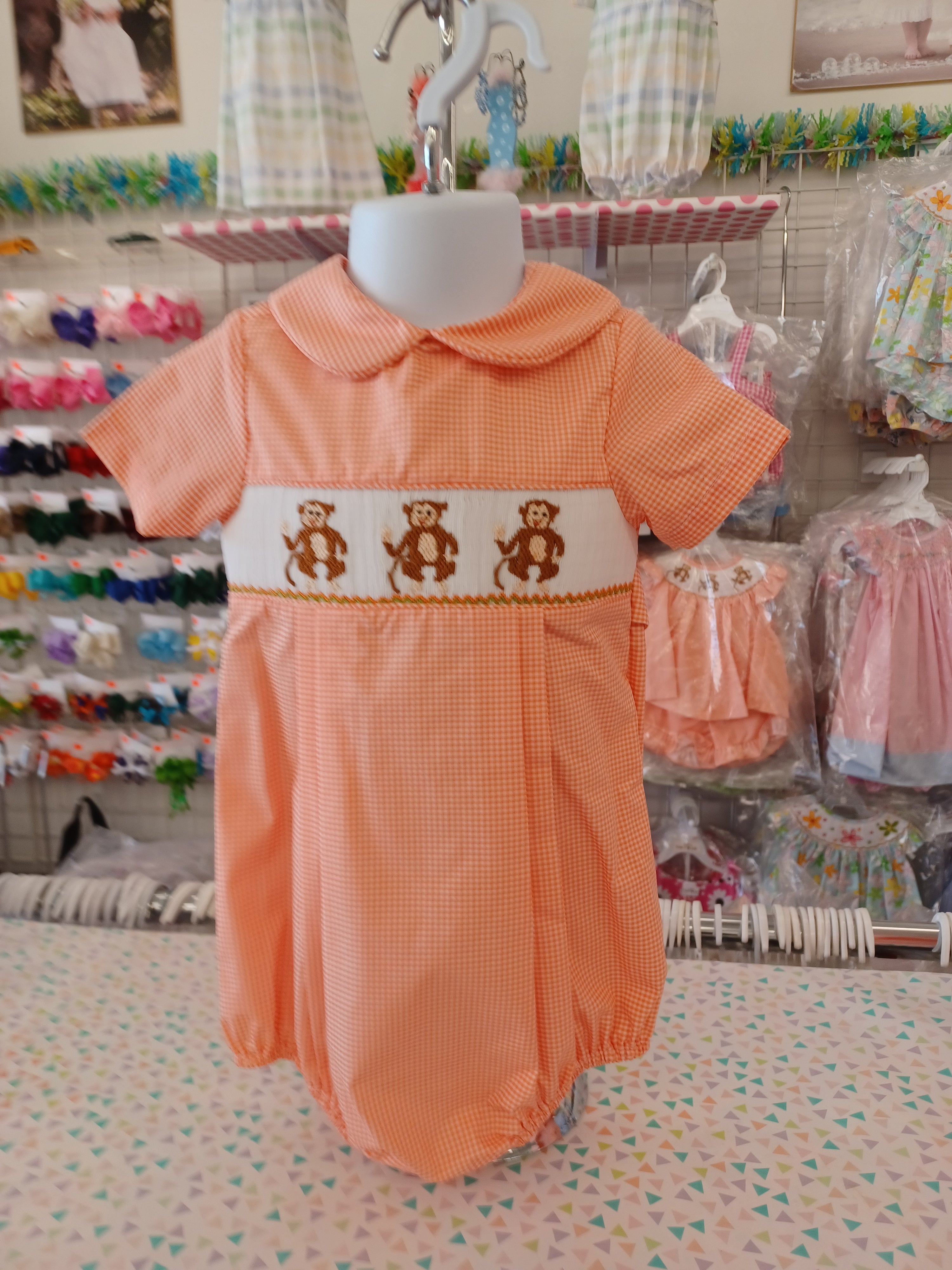 Boys hand smocked monkey bubble